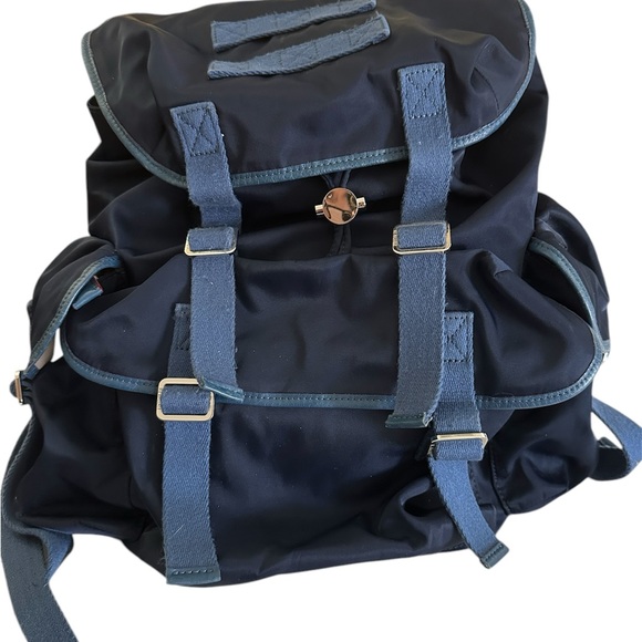 MZ Wallace LARGE Nylon Backpack Leather Trim Blue Many Pockets Travel School